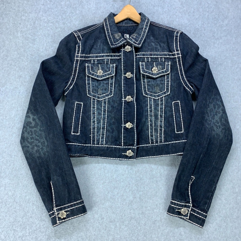 Rose Royce Denim Jacket Womens L Dark Blue Leopard Cross Studded Y2K JR151-DLEO